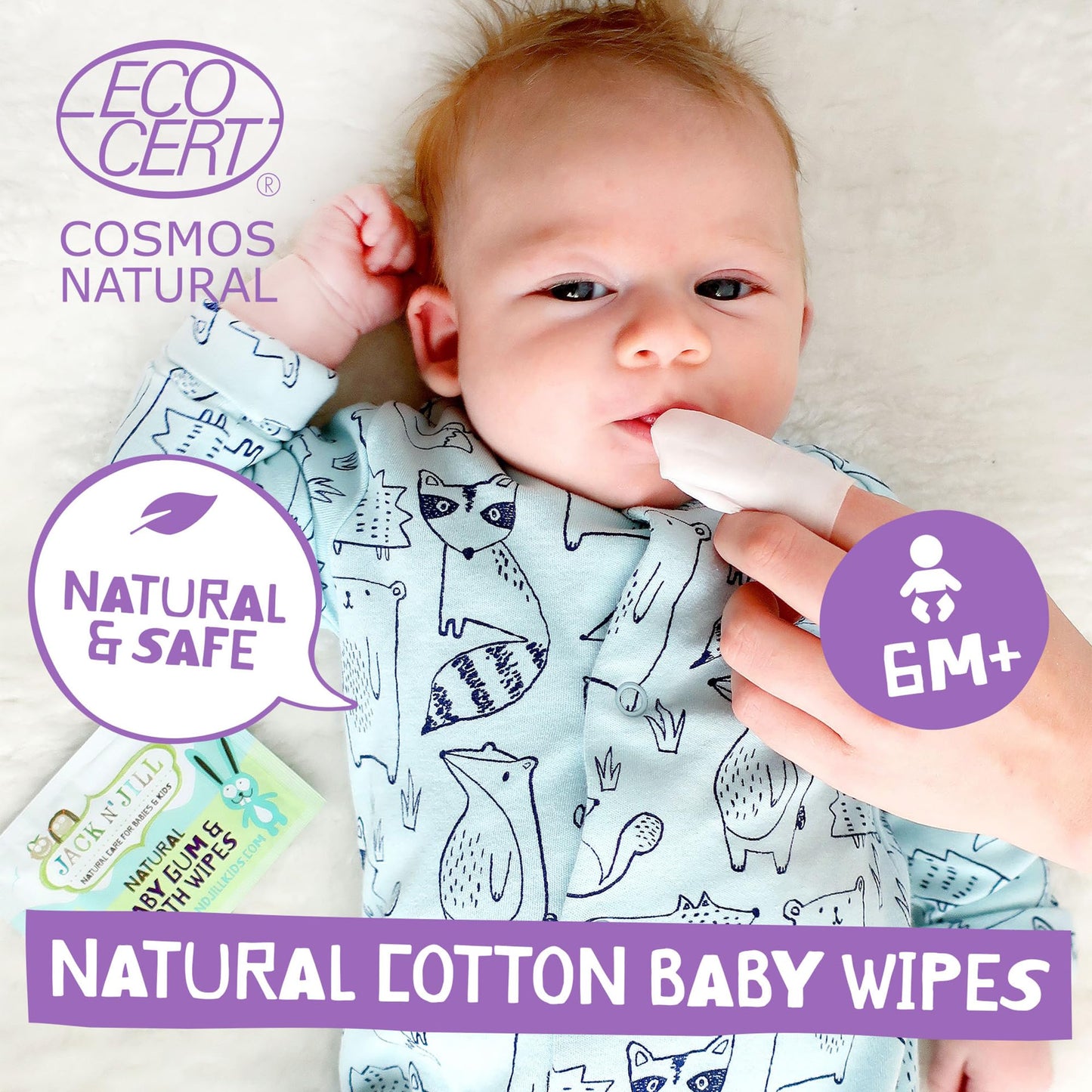Jack N' Jill Natural Baby Gum & Tooth Wipes - Natural & Safe, Contains Only Water & Xylitol, Soft Cotton, Free From Fluoride & S