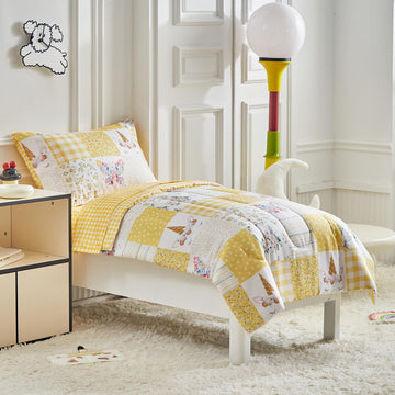 Joyreap 4 Piece Toddler Bedding Set For Girls- Butterflies Flowers Yellow N White Patchwork Design, Microfiber Toddler Bedding C