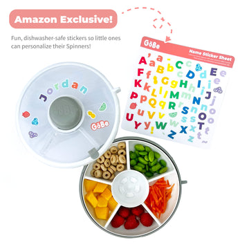 Gobe Kids Snack Spinner With Name Stickers - Reusable Snack Container With 5 Compartment Dispenser And Lid | Bpa & Pvc Free | Di