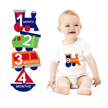 Pearhead Milestone Baby Belly Stickers, Photo Props Set, Includes Trains, Trucks, Vans, And Boats, Months 1-12