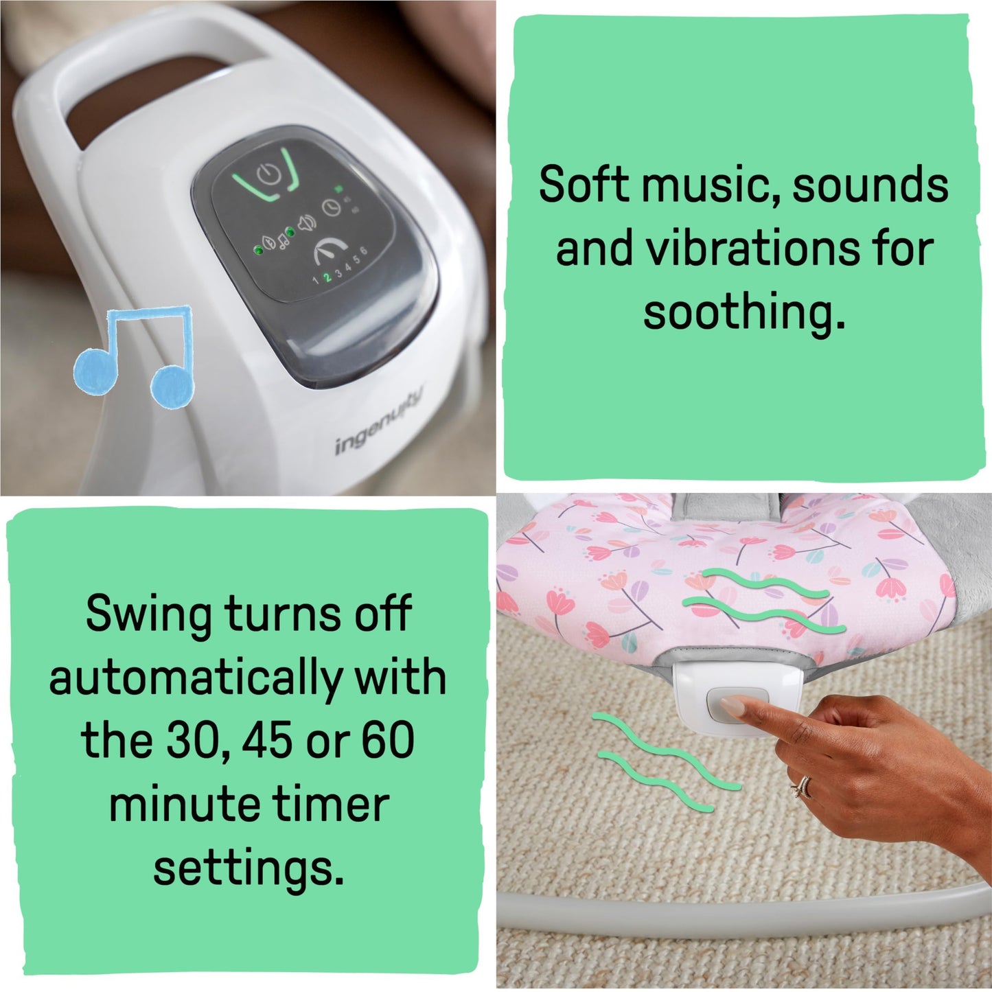 Ingenuity Simplecomfort Lightweight Compact 6-Speed Multi-Direction Baby Swing, Vibrations & Nature Sounds, 0-9 Months 6-20 Lbs