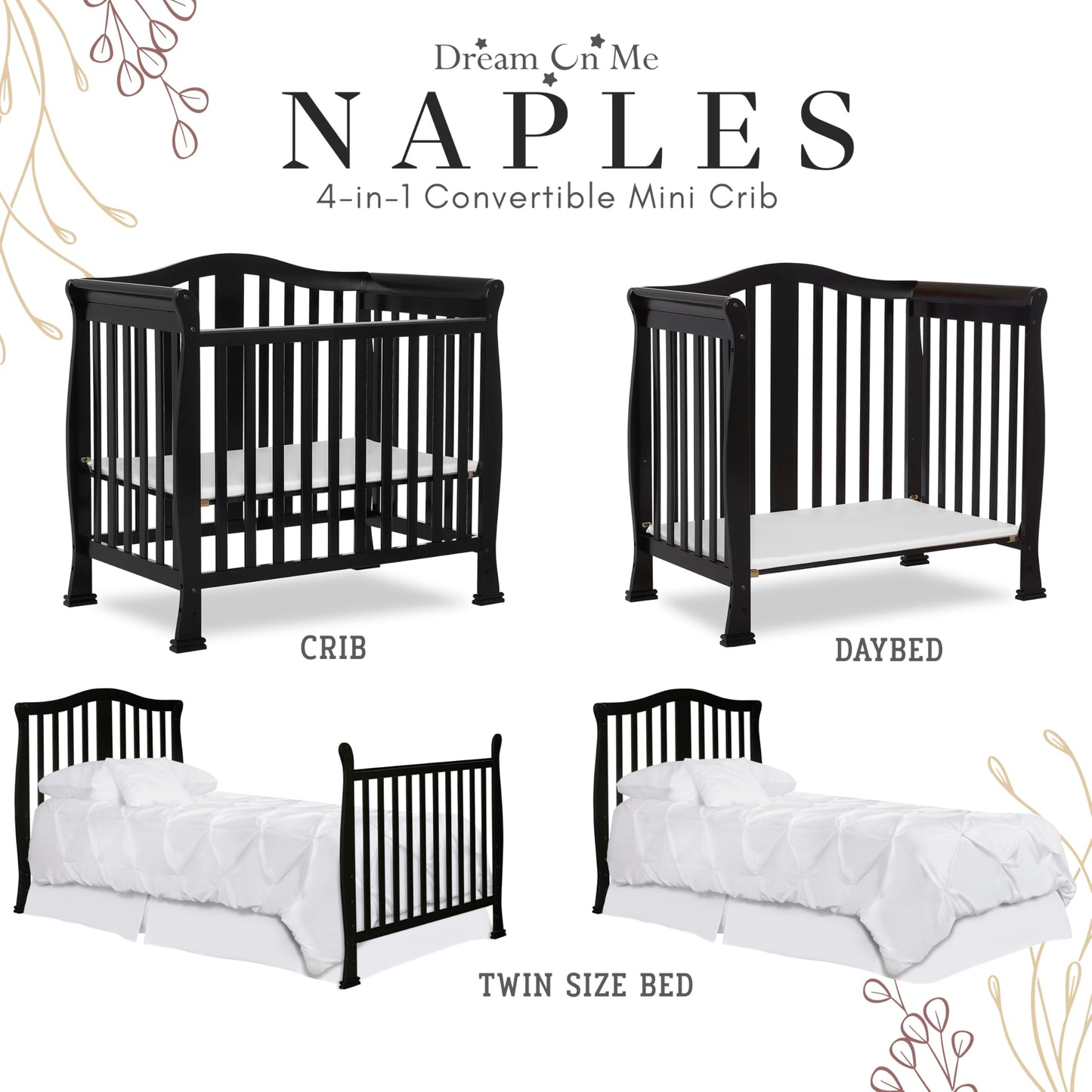 Dream On Me Addison 4-In-1 Convertible Mini Crib In Black, Greenguard Gold Certified, Non-Toxic Finishes, Built Of New Zealand P