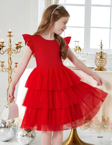 Arshiner Girl Dresses Toddler Flutter Tutu Dress Formal Red Valentine Christmas Birthday Party Sundress 6-7 Years