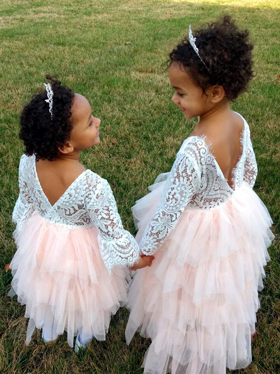 2Bunnies Girl Peony Lace Back A-Line Tiered Tutu Tulle Flower Girl Dress (Pink Bell Sleeve, 9-10Yrs)