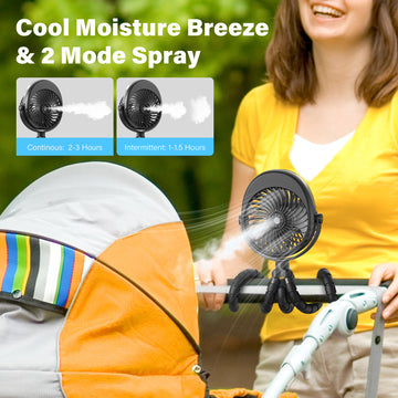 Grandfast Portable Misting Stroller Fan, 4000Mah Battery Powered With 360 Pivot, Personal Mister Fan With Flexible Tripods For C