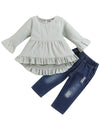 Bilison Toddler Baby Girl Clothes Cotton Linen Long Sleeve Ruffle Top And Ripped Jeans Outfit Sets