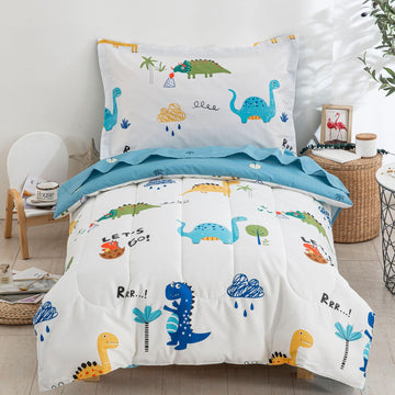 Djy Cotton Toddler Bedding Set For Boys Girls, 4 Pieces Dinosaur Toddler Bed Comforter Set, Includes Quilted Comforter, Flat She