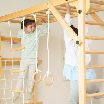 Avenlur Grove 8-In-1 Indoor Jungle Gym With Gymnastic Rings, Climbing Rope, Swing, Slide, Monkey Bars, Rope Wall Net, And Wooden