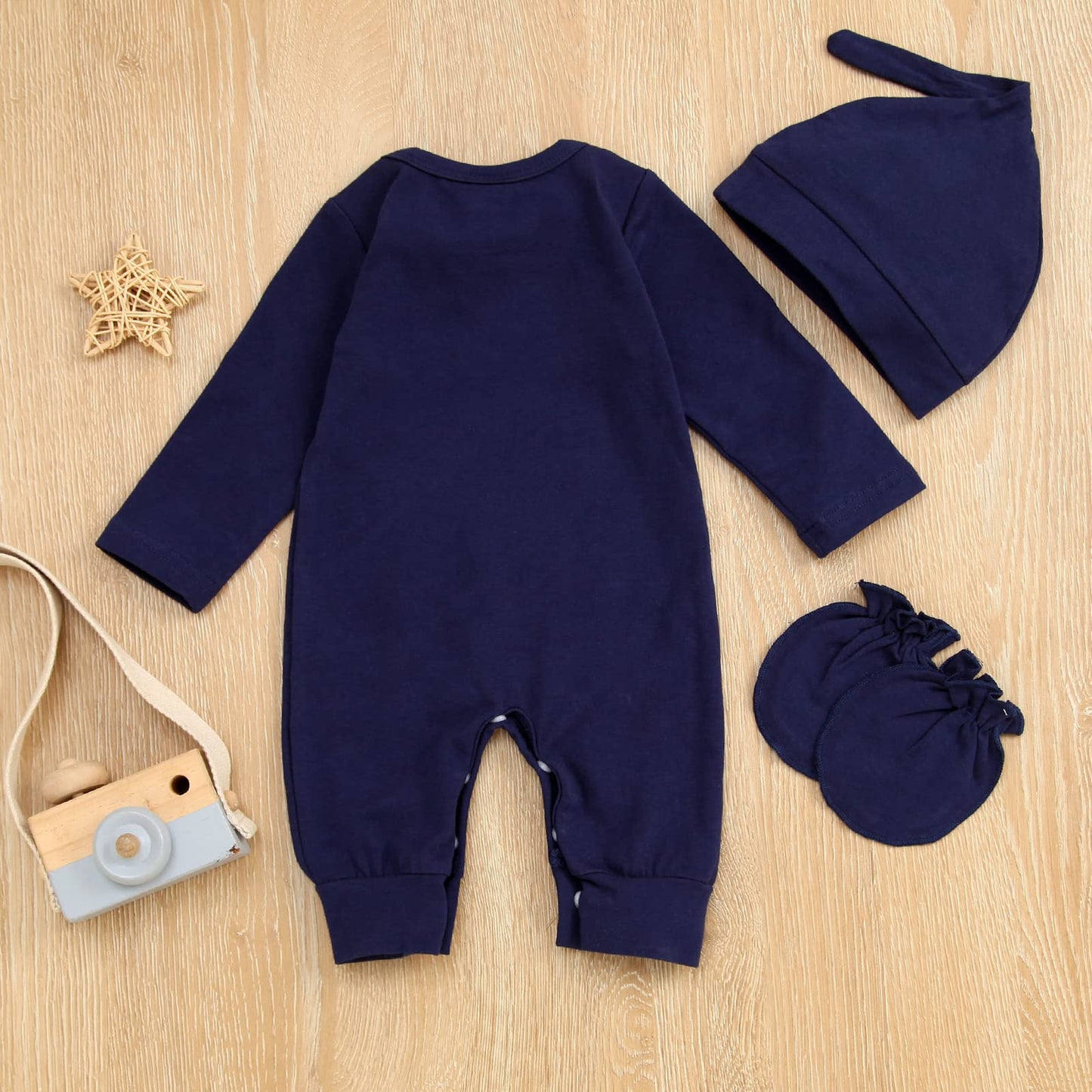 Grnshts Newborn Baby Boy Romper Coming Home Outfits Letter Print Bodysuit Jumpsuit+Hat+Gloves 3Pcs Clothes Set (A-Navy Blue,1-3