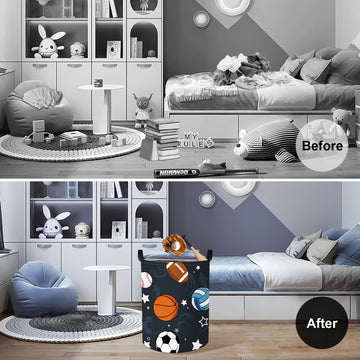 Clastyle 63L Large Sport Balls Kid Laundry Hamper With Handle For Boy Collapsible Clothes Toy Storage Basket With Lid For Bedroo