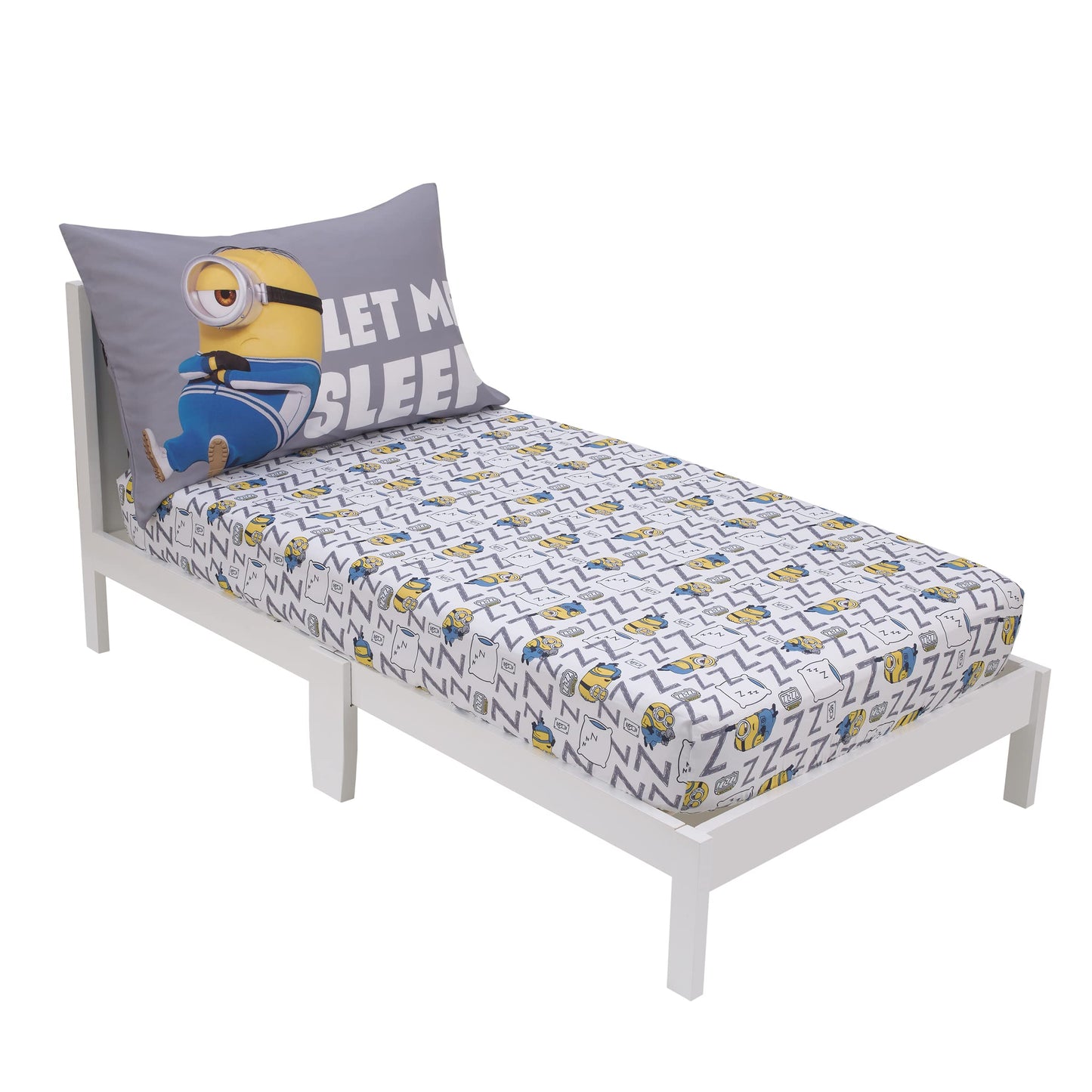 Illumination Lazy Minions Club Gray, Blue, Yellow, And White Let Me Sleep 2 Piece Toddler Sheet Set - Fitted Bottom Sheet, Rever