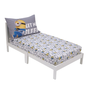 Illumination Lazy Minions Club Gray, Blue, Yellow, And White Let Me Sleep 2 Piece Toddler Sheet Set - Fitted Bottom Sheet, Rever