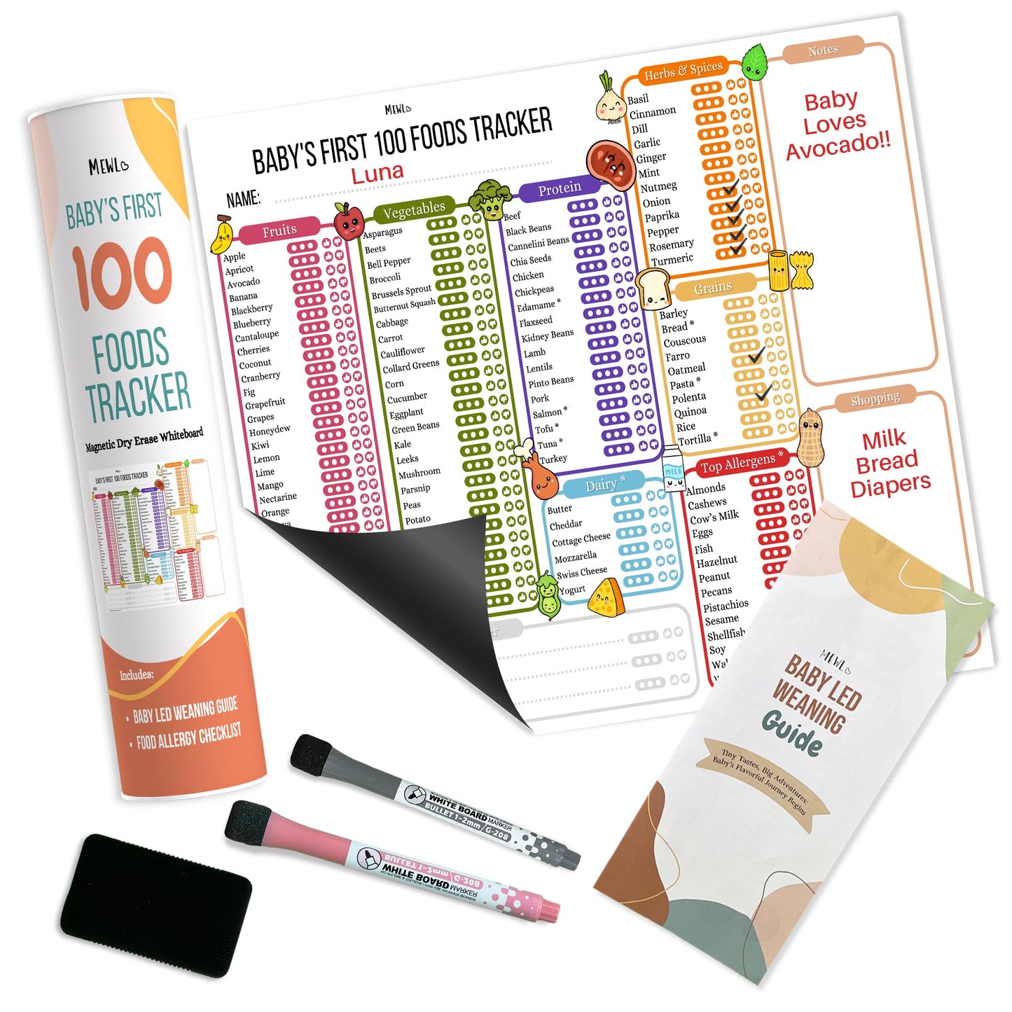 Baby First Foods Tracker & Baby Led Weaning Book Mini Guide by Mewl - 100 Foods Before 1 Checklist Reusable Dry Erase Board - Ba