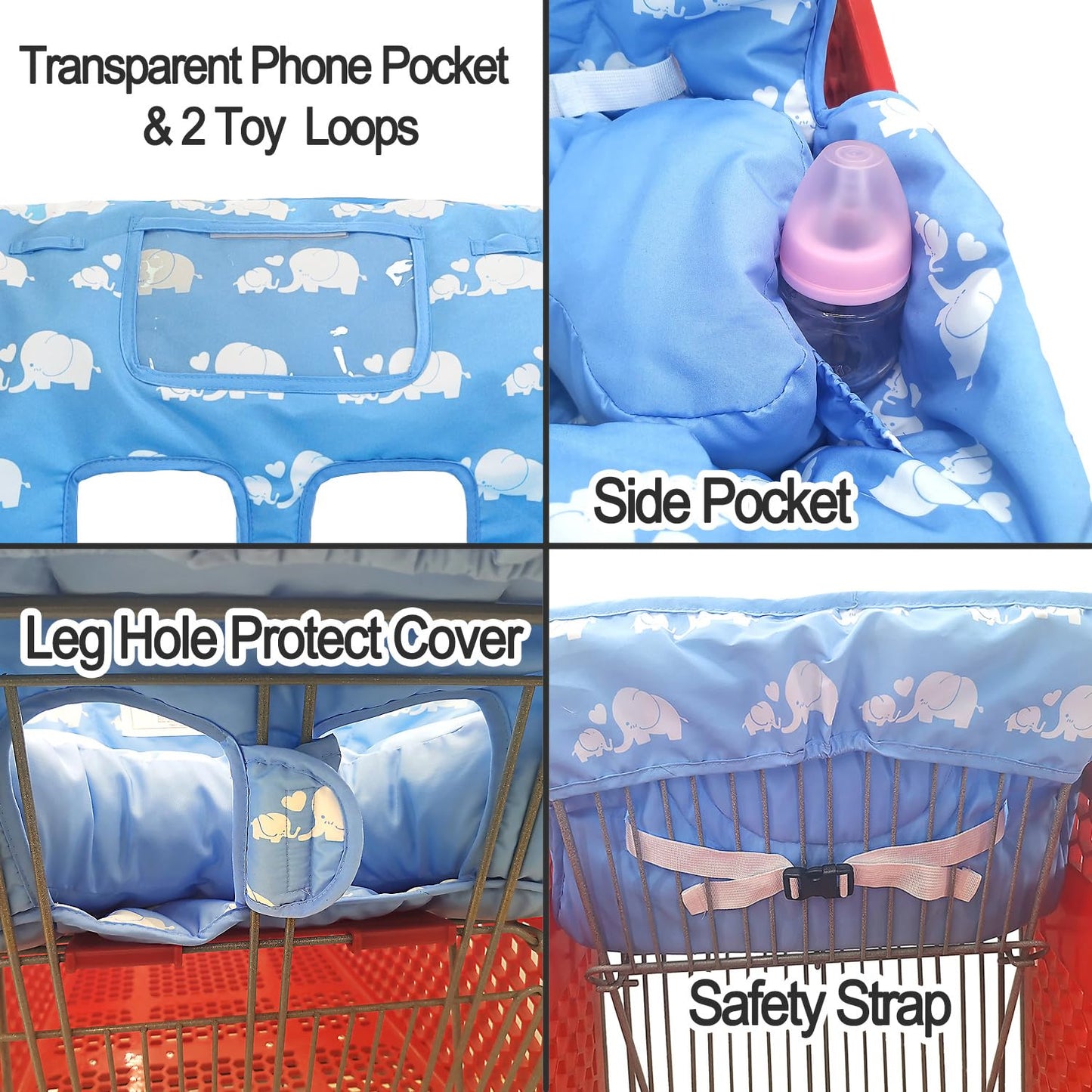 2-In-1 Shopping Cart And High Chair Cover For Baby, Padded Cover, Fold'N Roll Style, Portable With Carry Bag (Gray Elephant)