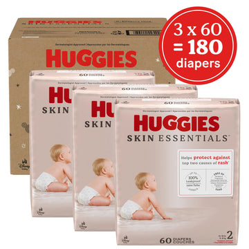 Huggies Size 2 Diapers, Skin Essentials Baby Diapers, Size 2 (12-18 Lbs), 180 Count (3 Packs Of 60)