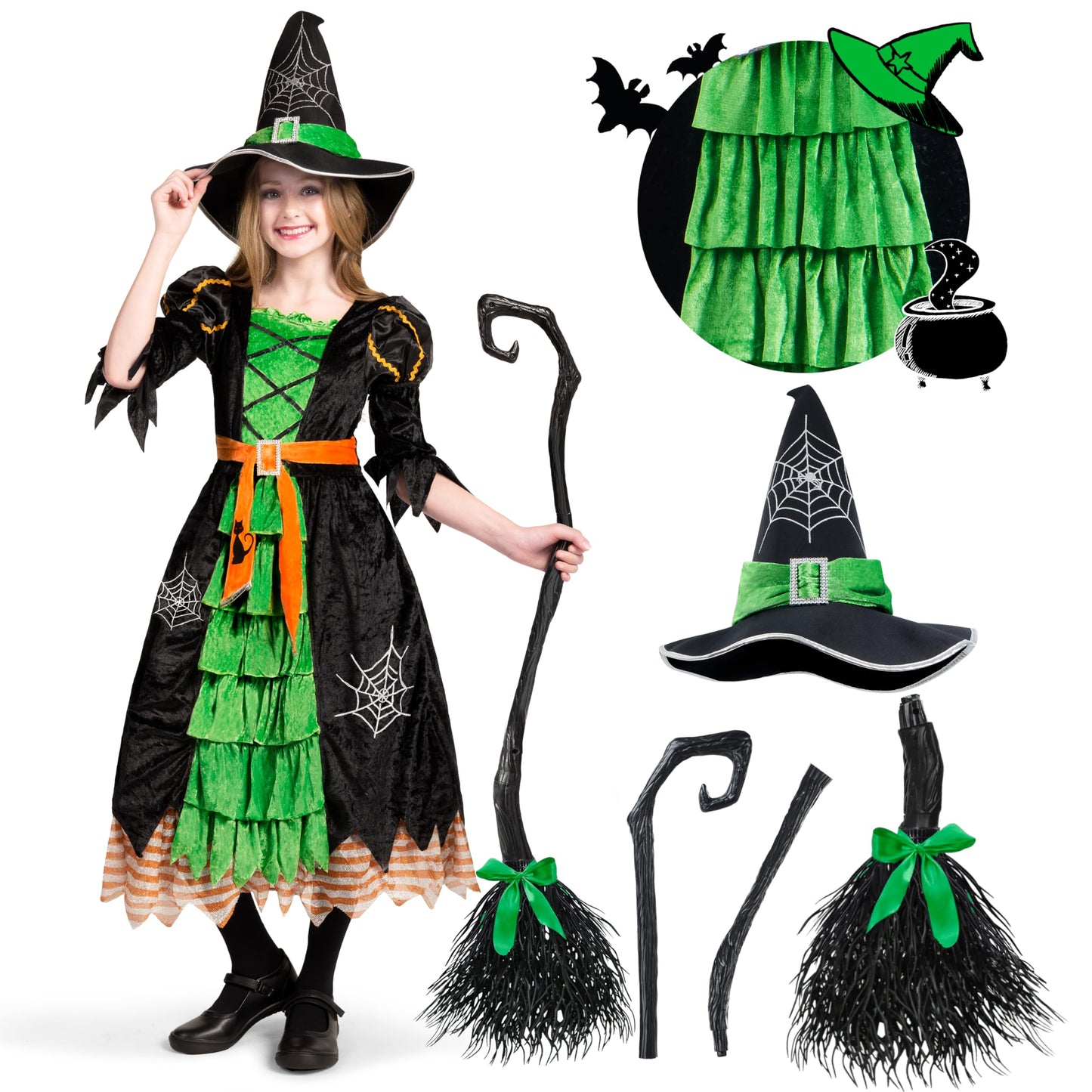 Spooktacular Creations Fairytale Green Cute Witch Dress Halloween Costume Deluxe Set With Hat For Girls (3T)
