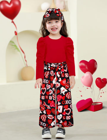 Migu Toddler Valentines Day Outfit Girl 4T-5T Valentines Outfit Girl Red Puffy Sleeve Top Love Pattern Pants Headbands 3Pcs