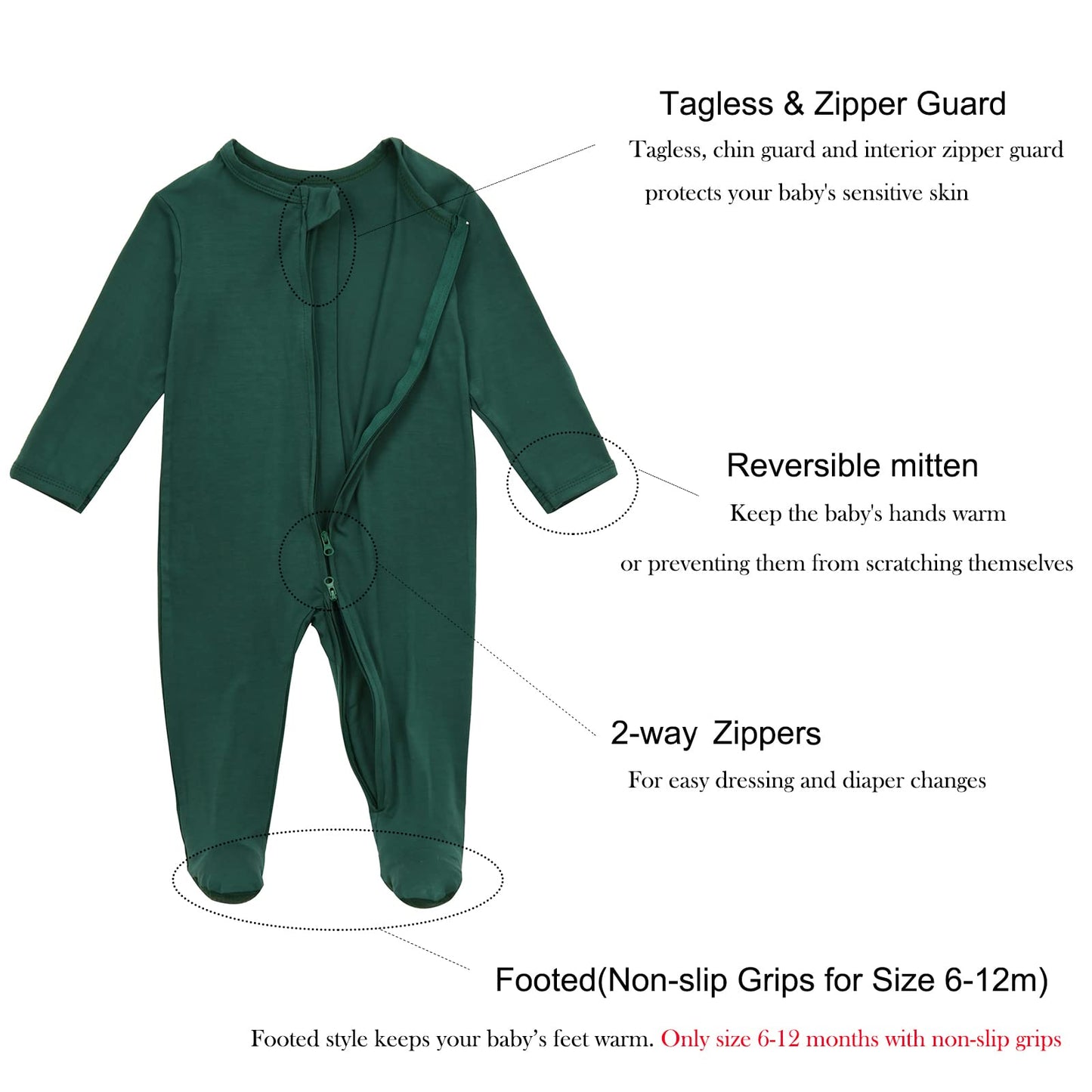 Aablexema Baby Footie Pajamas Zipper - Rayon From Bamboo Infant Footed Pjs With Mittens Sleepwear Jammies(Green, 6-12M)