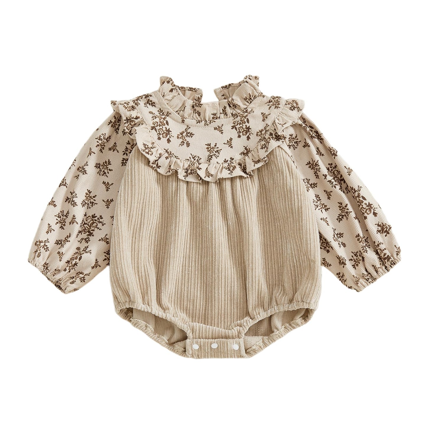 XRTBMN Infant Baby Girl Floral Romper Long Sleeve Turtle Neck Ruffled Bodysuit Fall Clothes Newborn Coming Home Outfit (Khaki, 3