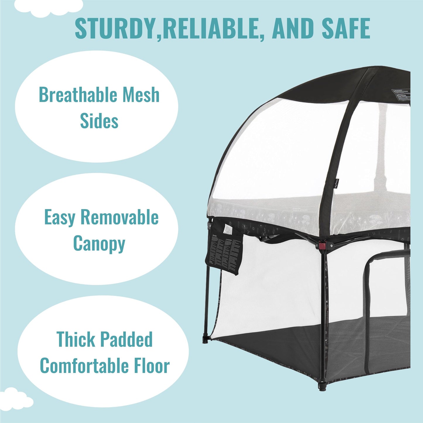 Dream On Me Ziggy Square Playpen With Canopy | Baby Playpen | Portable And Lightweight | Playpen For Babies And Toddler | Black