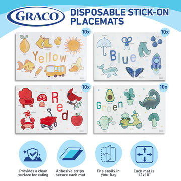Graco Baby Disposable Stick-On Placemats, 4 Subtle Designs (10 Each), 12'X18' Sticky Placemats With Adhesive Strips For Baby L