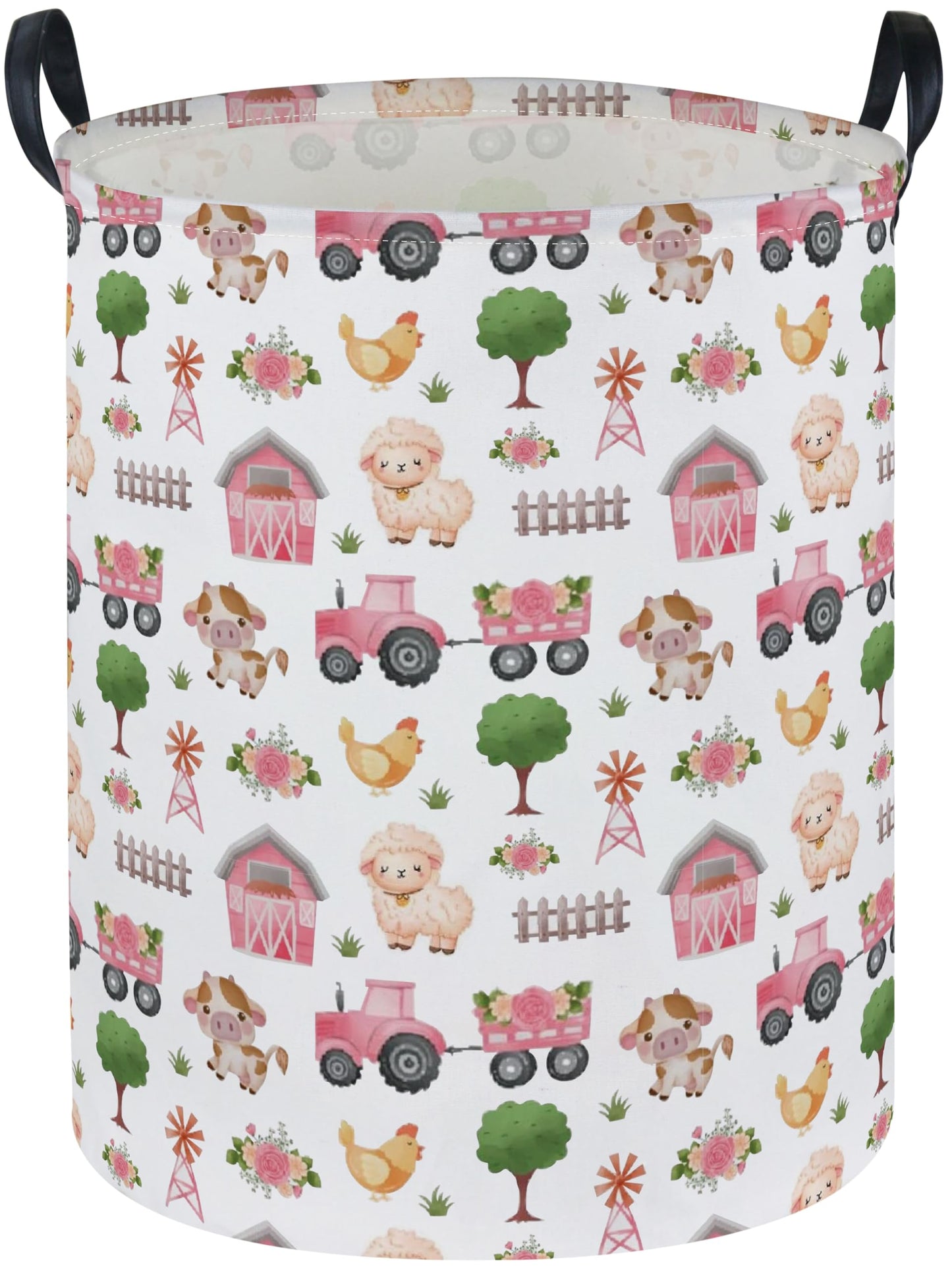 Essme Kids Laundry Basket,Farm Hamper Collapsible Canvas Waterproof Storage Bin for Girls, Pink Hamper,Gift Baskets(Pink Farm)
