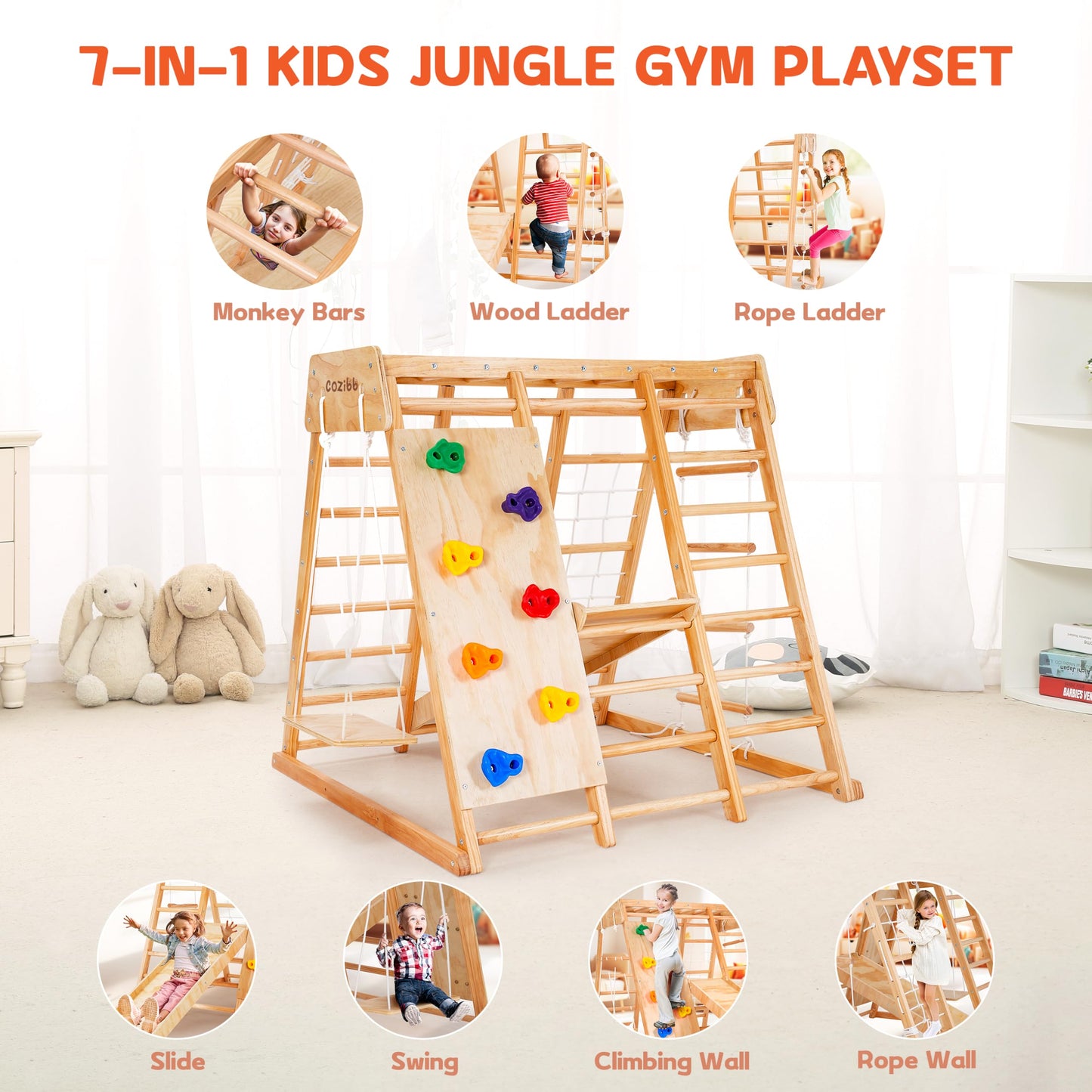 Cozibb Indoor Jungle Gym For Kids, 7-In-1 Toddler Indoor Playground With Slide, Swing And Climbing Rock, Wooden Montessori Climb