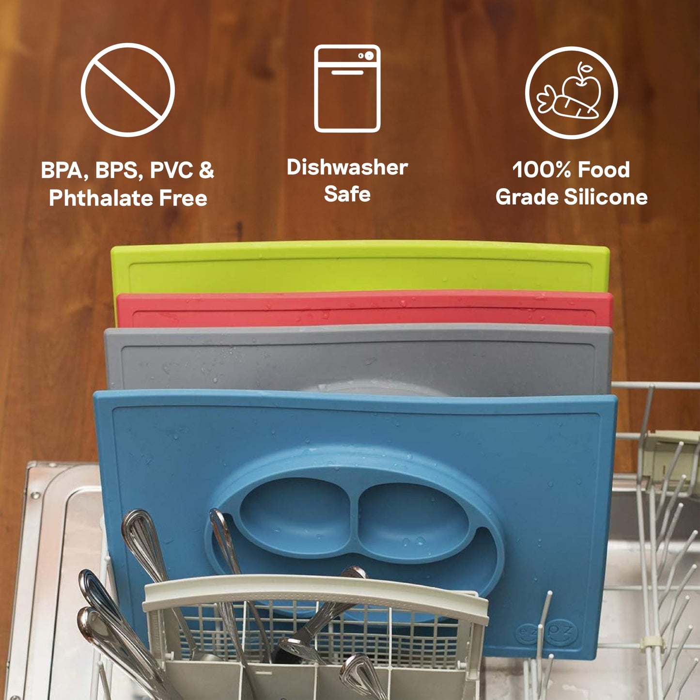 Ezpz Happy Mat - 24 Months+ (Blue) - 100% Silicone Suction Plate With Built-In Placemat For Toddlers + Preschoolers - Divided To