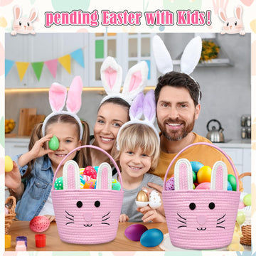 Brbecon Easter Bunny Basket For Kids With Name Tag, Pink Small Woven Easter Basket For Girls, Easter Egg Hunt Baskets Bags Easte