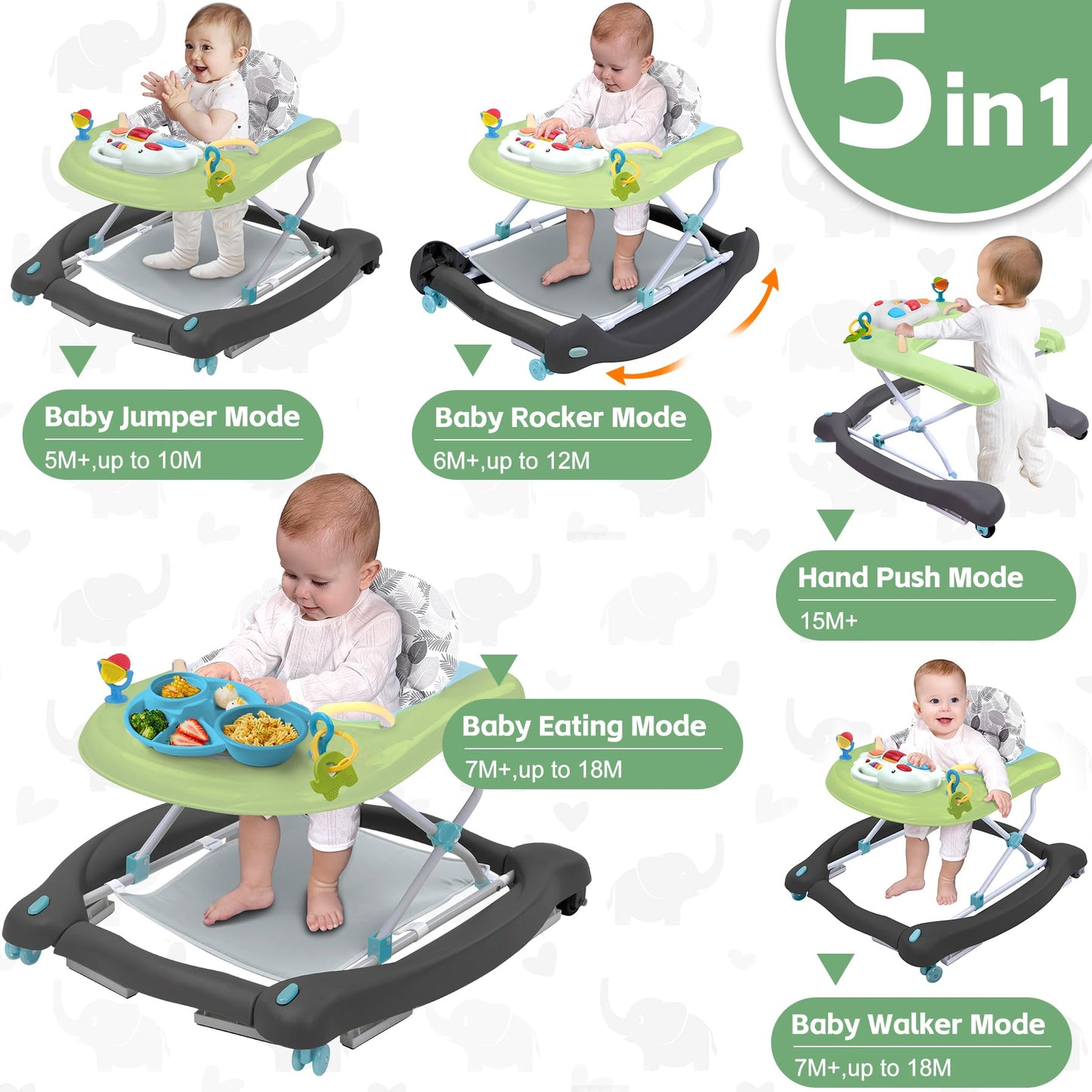 Pawtong Foldable Baby 5-In-1 Activity Walker - Rocker, Activity Center, Bouncer, Seat Walker, Push Walker - Adjustable Speed Rea