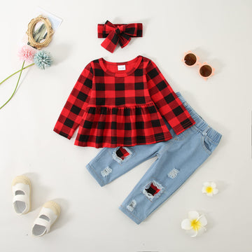 Caretoo Girls Clothes Christmas Outfits, Cute Baby Girl Floral Long Sleeve Pant Set Flower Ruffle Top Red Plaid