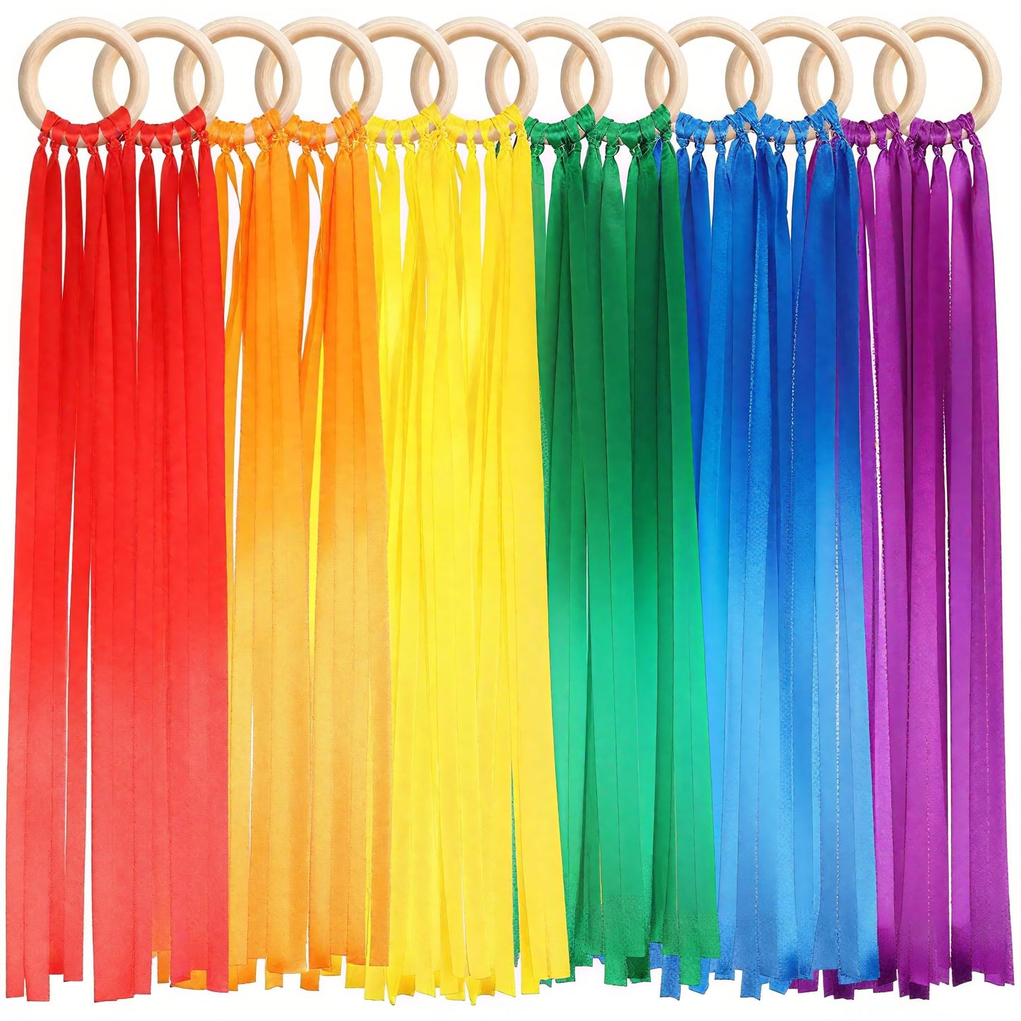 Deekin 12 Pcs Rainbow Ribbon Wooden Waldorf Toys Creative Waldorf Hand Kite Set Streamers with Wood Ring Sensory Learning Educat