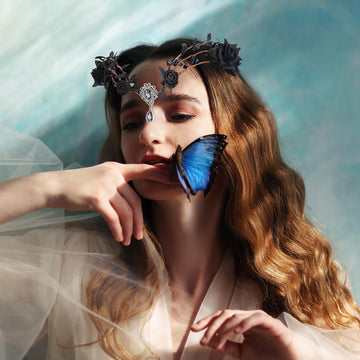 Renaissance Black Fairy Flower Crown - Handmade Elf Floral Headpiece With Crystal Gothic Elven Headpiece Woodland Tiara For Wome