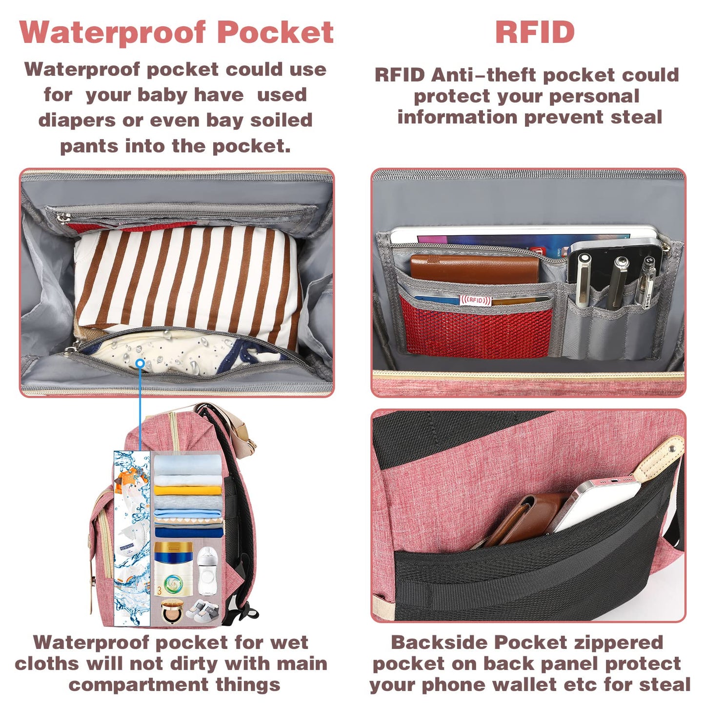 Jiefeike Diaper Bag Backpack, Pink Baby Girls Diaper Bag For Mom, Travel Baby Bags Backpack For Women, Insulated Pockets Portabl