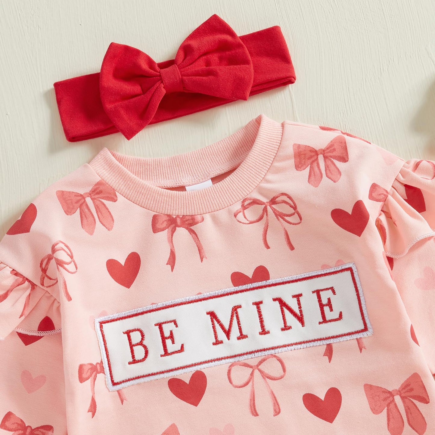 Dcohmch Baby Girl Valentines Day Outfit Long Sleeve Heart Bow Print Romper With Headband Newborn Valentine Clothes (Pink, 12-18