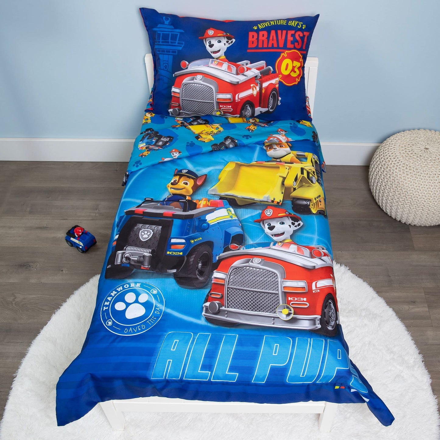 Paw Patrol Calling All Pups 4 Piece Toddler Bedding Set – Includes Comforter, Sheet Set – Fitted + Top Sheet + Reversible Pillowcase for Boys Bed, Blue-New Condition