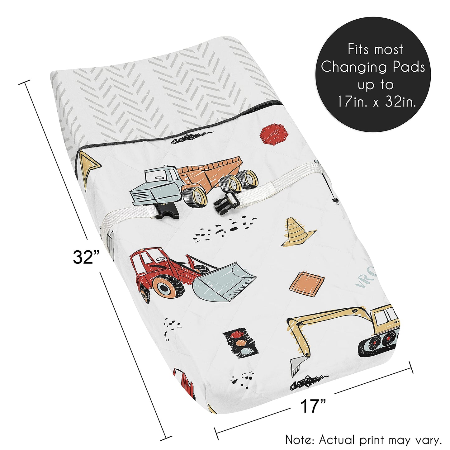 Sweet Jojo Designs Construction Truck Boy Baby Nursery Changing Pad Cover - Grey Yellow Orange Red And Blue Transportation Chevr