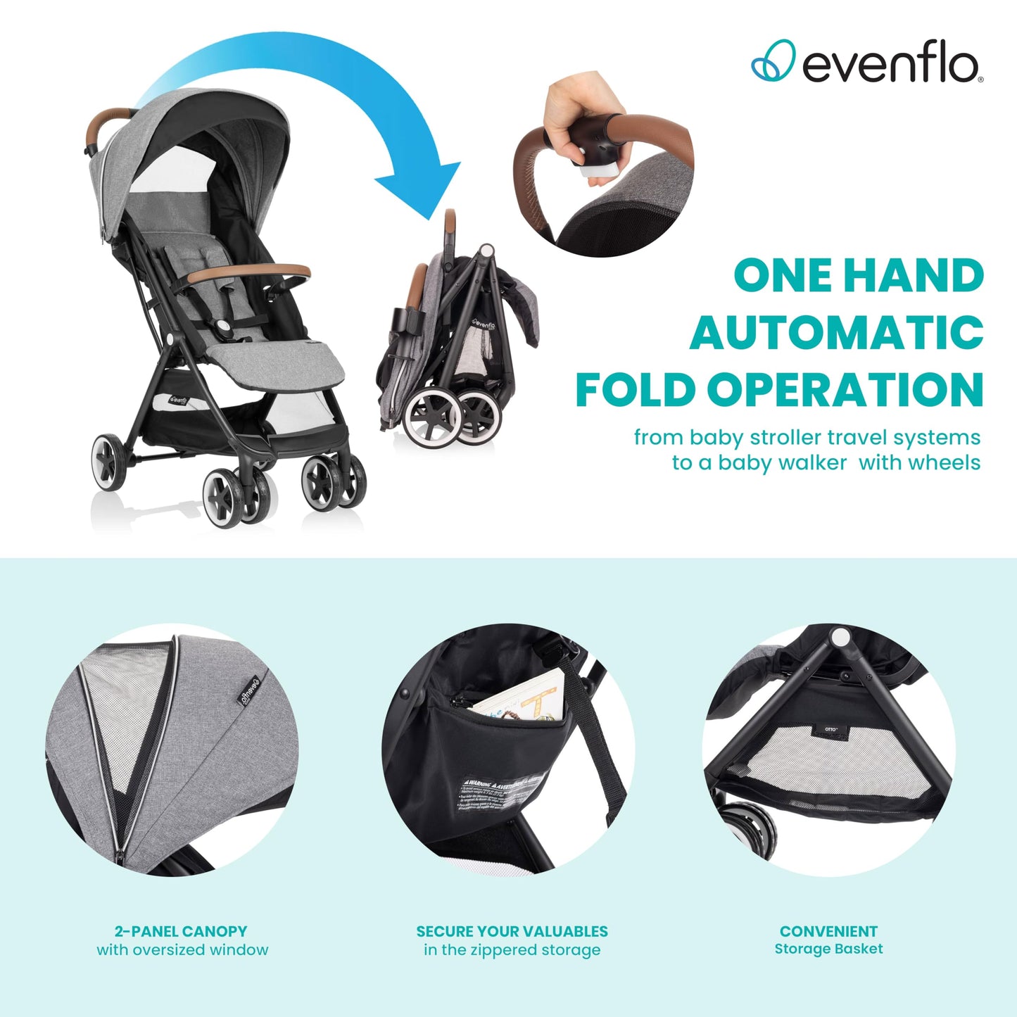 Evenflo Travel Stroller, Self-Folding, Lightweight, Fits Baby Car Seat, Gold Otto, Moonstone