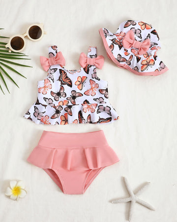 Infant Swimsuit Girl Baby Girl Bathing Suit 3-6 Months Pink Butterfly Swimwear Summer Beach Baby Bikini Tankini Hat Outfits Set