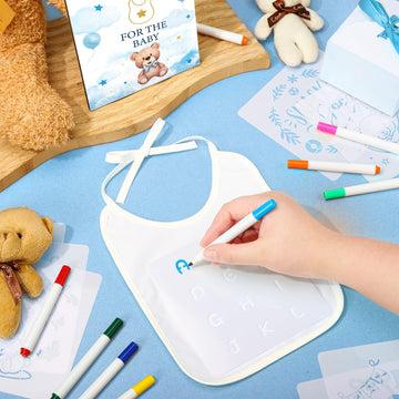 Panitay 100 Pcs Diy Baby Bibs Decorating Kit 50 White Bibs 25 Stencils 24 Fabric Markers 1 Baby Shower Game Sign(Blue Bear)