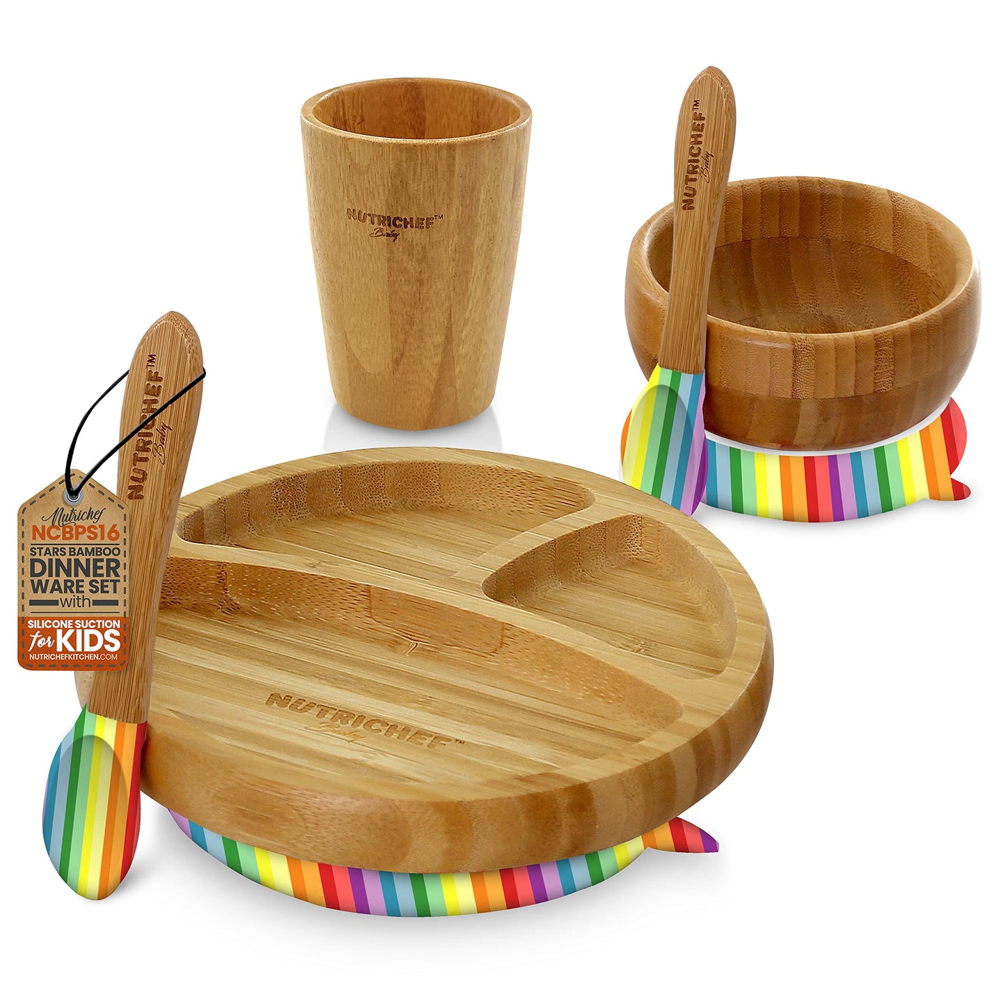 NutriChef Baby Feeding Plate & Bowl, Wooden Suction Plate and Bowl Infant Toddler Dish, Cup, and Spoon Set with Silicone Suction