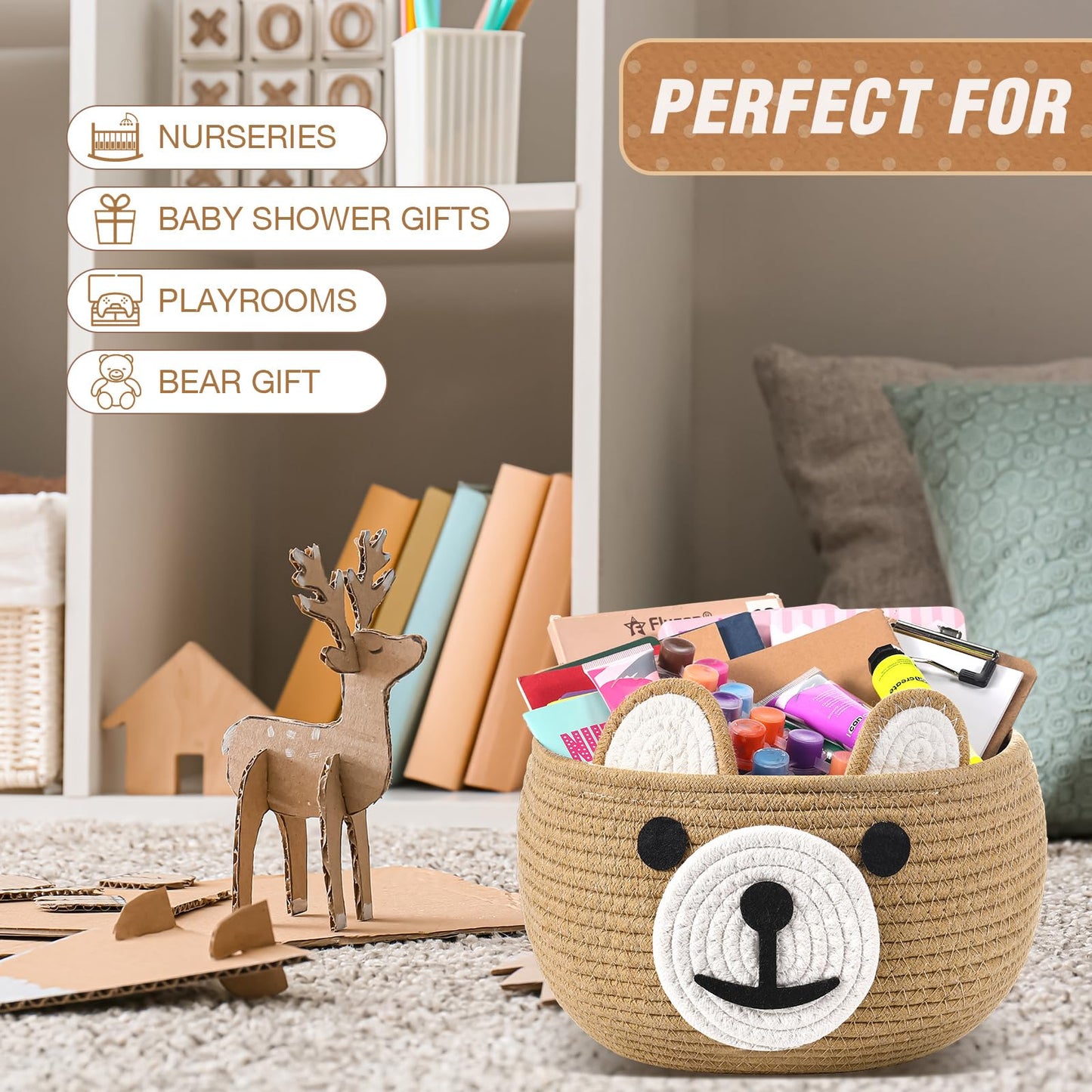 Zopeal Baby Basket For Nursery With Gift Bags And Ribbons Cotton Rope Woven Bear Gift Basket With Handles For Living Room Bathro