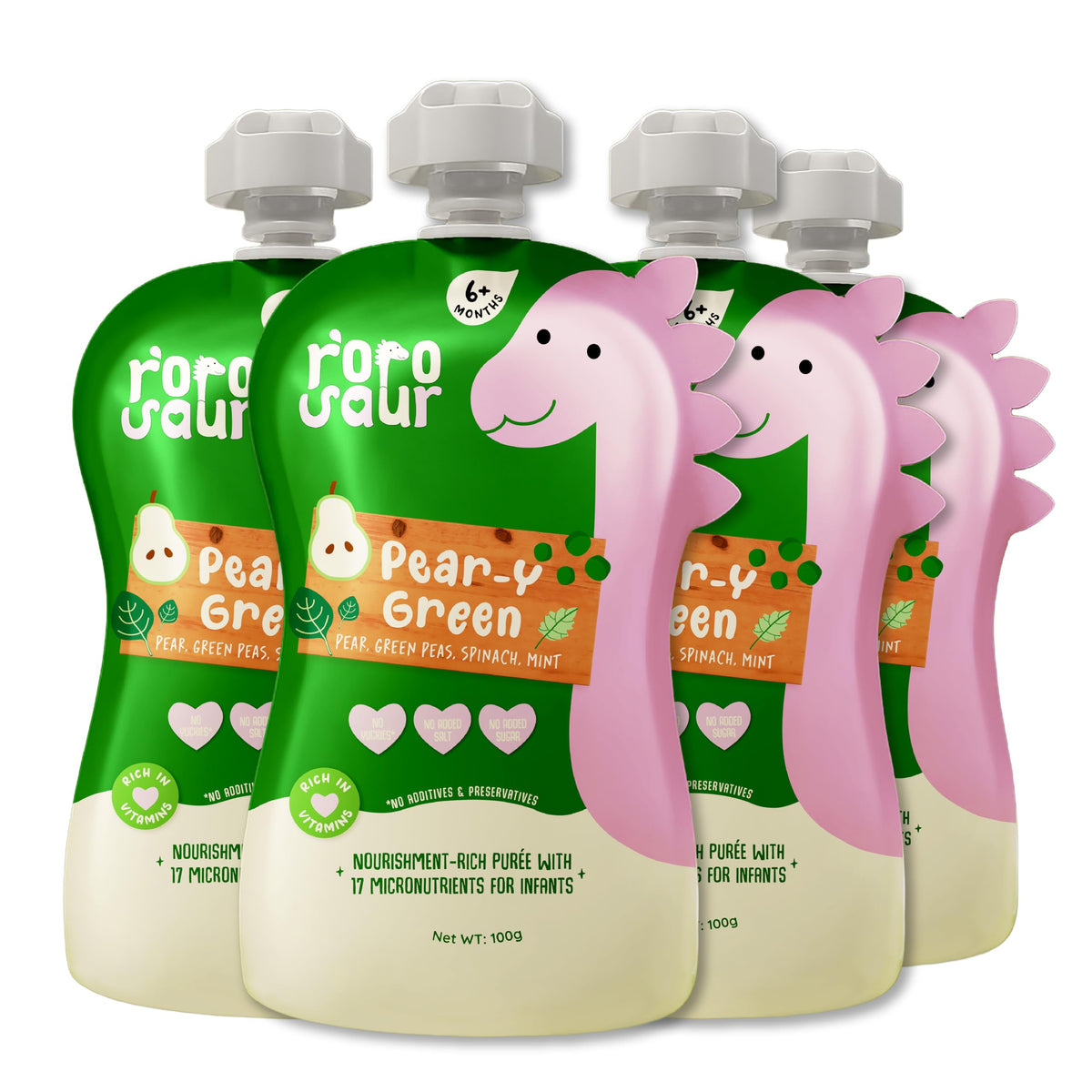 Rorosaur Ready To Eat Fruit & Veggie Baby Food Puree Pouch For 6+ Months Baby 100G Each, Pk Of 4 | Made With Spinach, Pear & Pea