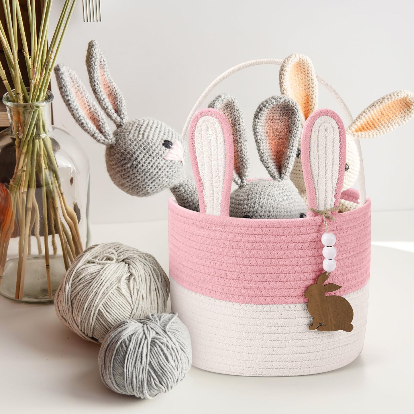 Silifine Easter Baskets Easter Bunny Basket With Name Tag Rabbit Ear Basket Rustic Woven Round Blanket Storage For Kid Candy Gif