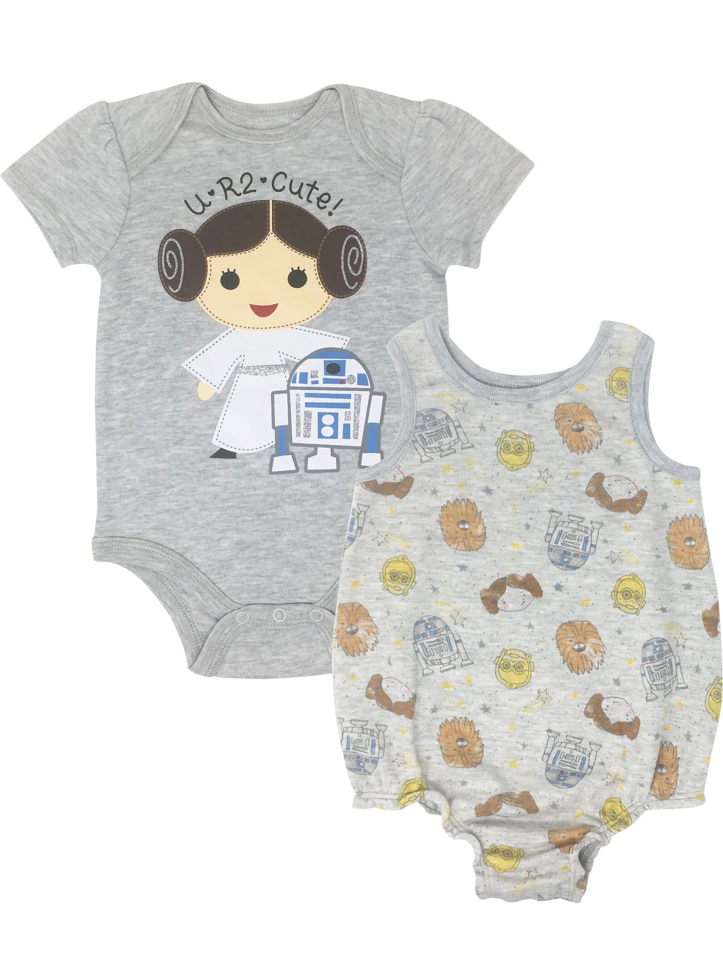 STAR WARS C-3PO Princess Leia Chewbacca R2 D2 Newborn Baby Girls Bodysuit and Romper Grey 0-3 Months