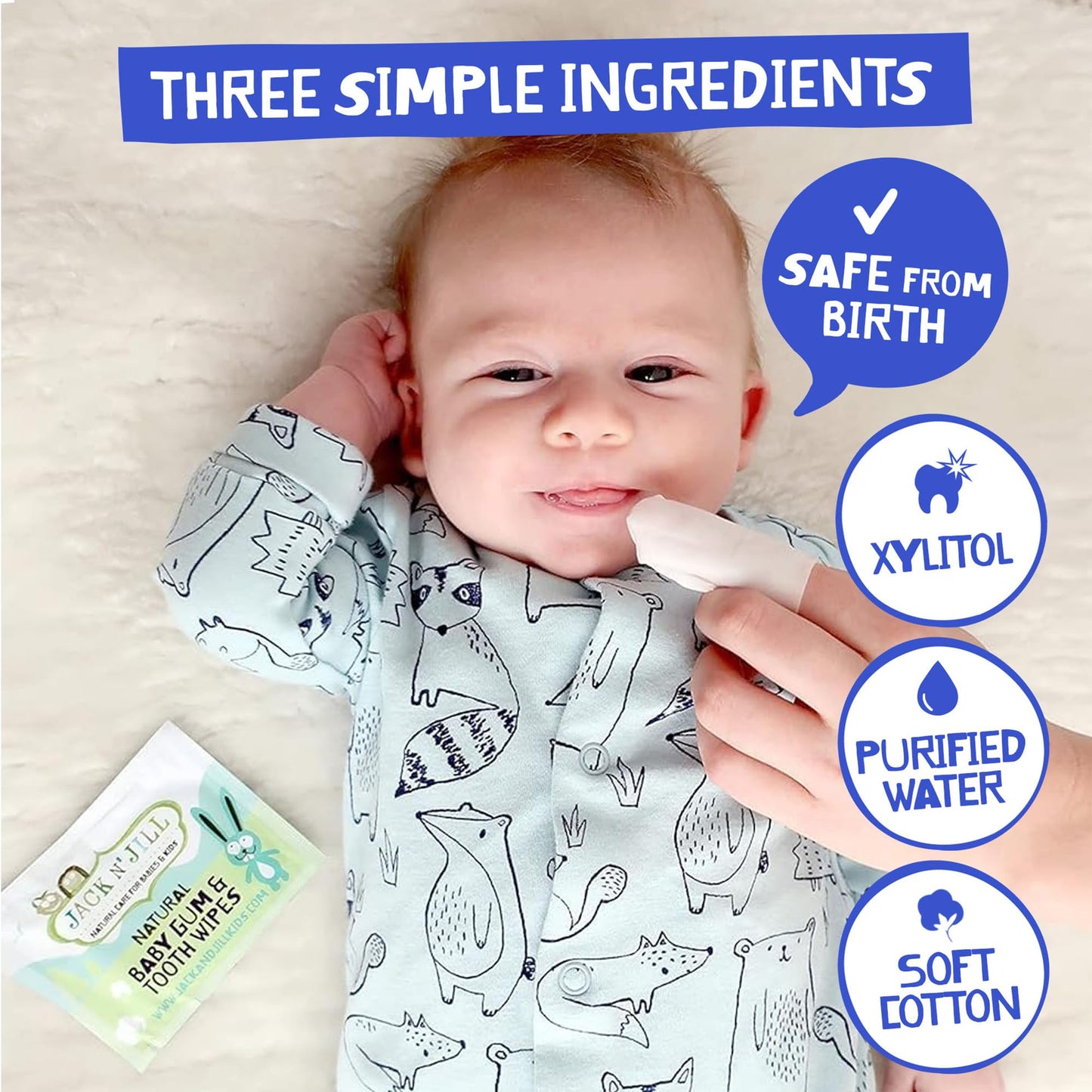 Jack N' Jill Natural Baby Gum & Tooth Wipes - Natural & Safe, Contains Only Water & Xylitol, Soft Cotton, Free From Fluoride & S