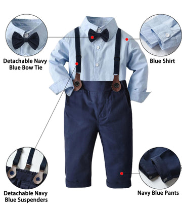 Baby Boys Dress Clothes, Toddlers Boys Long Sleeves Button Down Plaid Dress Shirt With Bowtie + Suspender Pants Set Wedding Outf