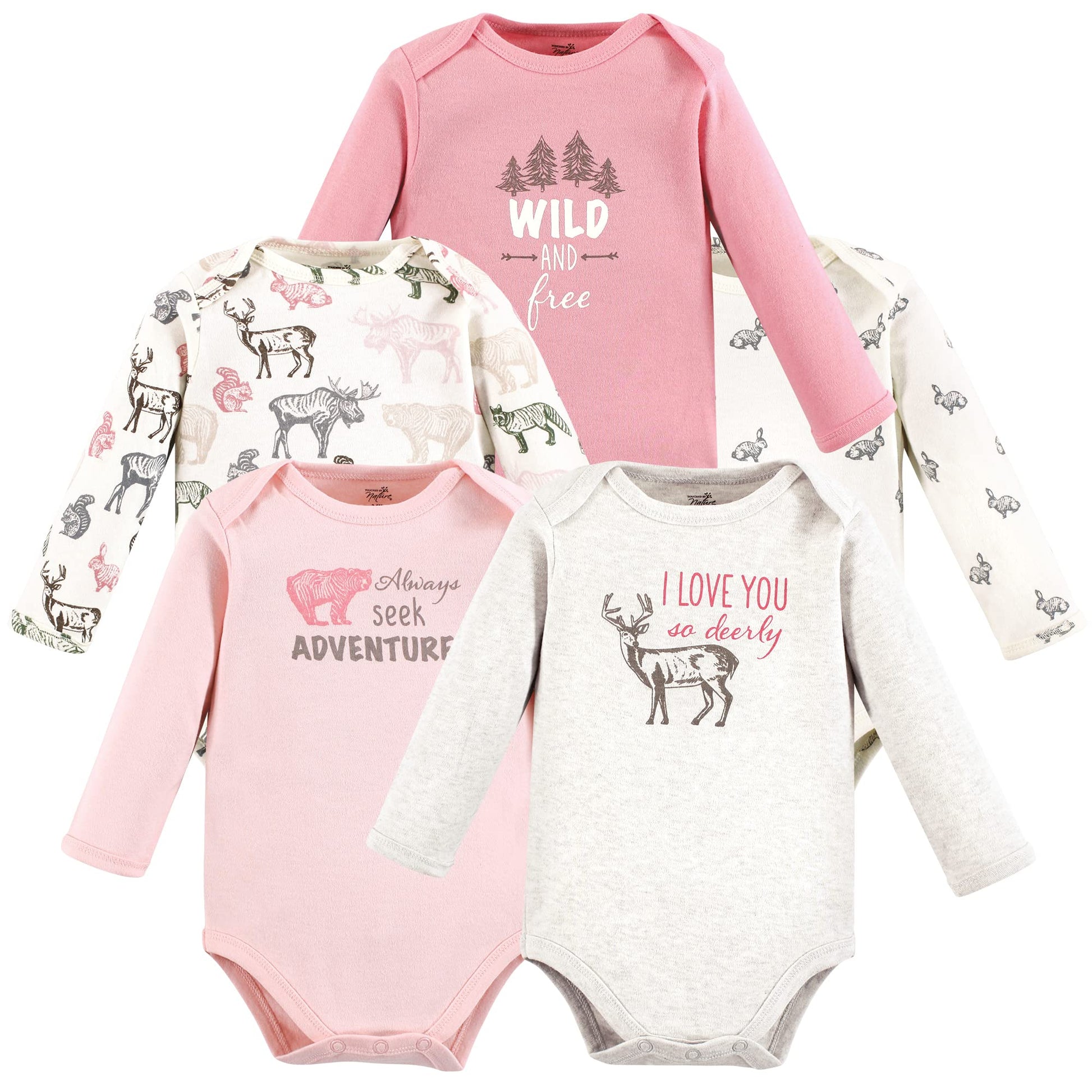 Touched By Nature Unisex Baby Organic Cotton Long-Sleeve Bodysuits, Girl Woodland, 9-12 Months