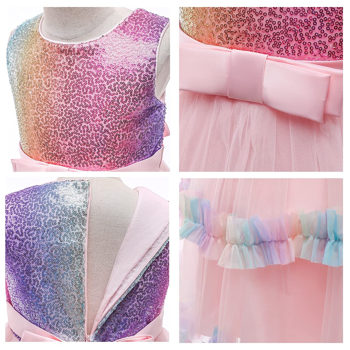 Izkizf Girls Unicorn Costume Sequins Princess Long Maxi Tulle Dress W/Headband Birthday Party Halloween Cosplay Dress Up Outfits