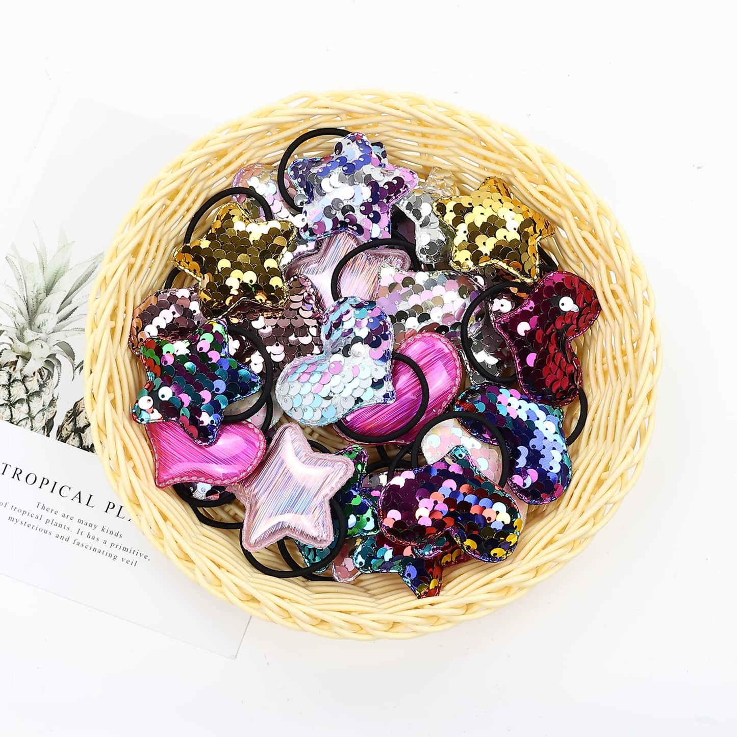 Insowni 30 Pack/15 Pairs Glitter Sequin Heart Star Hair Ties Scrunchies Elastics Pigtail Ponytail Holders Hair Bows Rubber Bands
